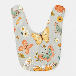 My Love Bug Pastel Flowers Butterflies Yellow Text Baby Bib