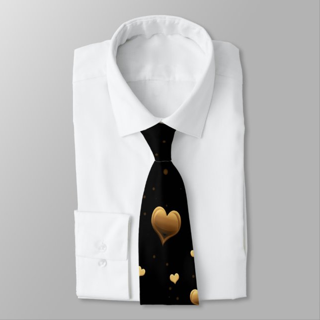 My Love Elegant Gold Hearts on Black Neck Tie (Tied)