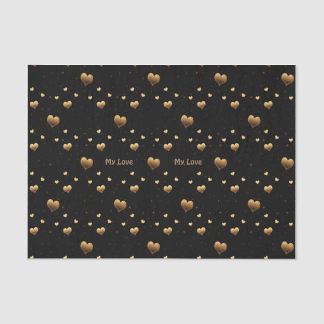My Love Elegant Gold Hearts on Black Tissue Paper (Front)