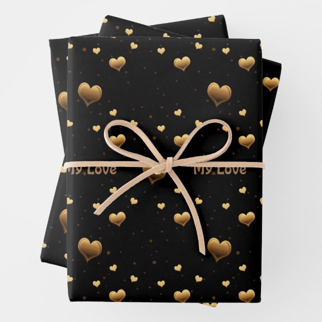 My Love Elegant Gold Hearts on Black Wrapping Paper Sheets (In situ)