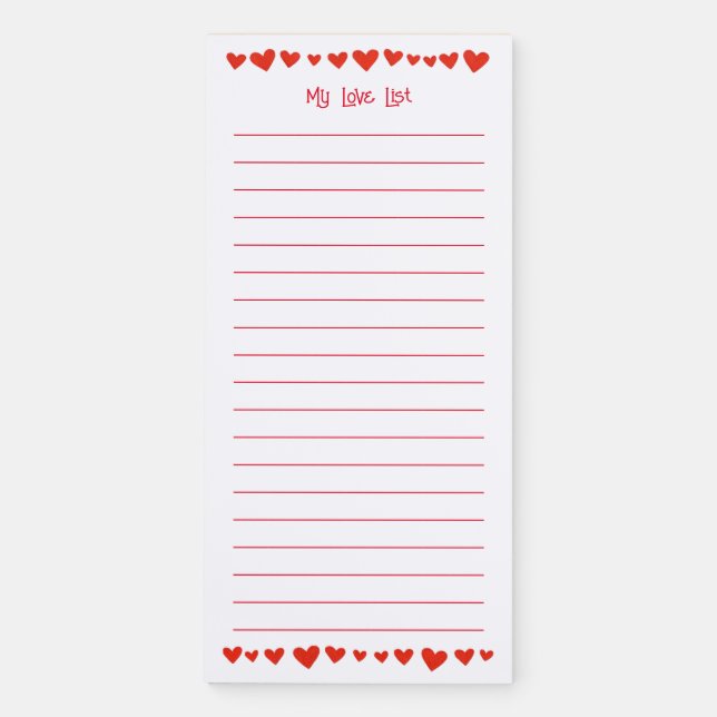My Love List, Red Hearts Lined Notepads (Front)