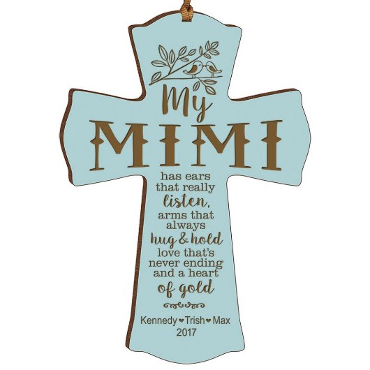 My Mimi Listens Blue Wooden Cross Ornament (Front)