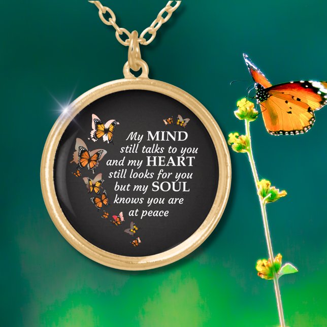 My Mind Still Talks To You Butterflies Memorial  Gold Plated Necklace (In Remembrance Memorial Keepsake Necklace - Butterflies "My Mind Still Talks To You And My Heart")