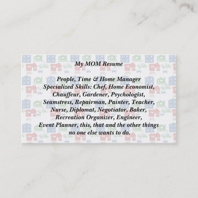 My Mom Resume Business Calling Card house car bike (Front)