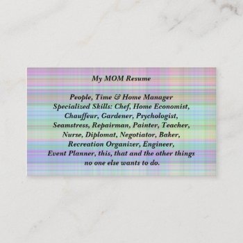My Mom Resume Business Calling Card Madras Plaid by dbvisualarts at Zazzle