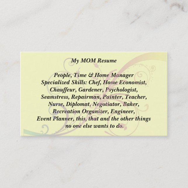 My Mom Resume Calling Card  flourish (Front)