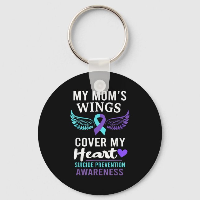 My Mom's Wings Cover Heart Suicide Awareness Ribbo Keychain (Front)