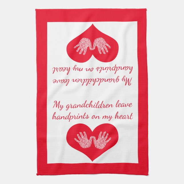 My My Grandchildren leave handprints Tea Towel Red (Vertical)