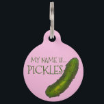 My Name is Pickles Green Kosher Dill Pickle Pink Pet ID Tag<br><div class="desc">Pet tag features an original marker illustration of a crunchy green dill pickle,  printed on a pink background.

Coordinating pickle pet products available! Don't see exactly what you're looking for? Contact Rebecca to have a product customized just for you!</div>