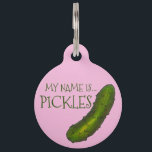 My Name is Pickles Green Kosher Dill Pickle Pink Pet ID Tag<br><div class="desc">Pet tag features an original marker illustration of a crunchy green dill pickle,  printed on a pink background.

Coordinating pickle pet products available! Don't see exactly what you're looking for? Contact Rebecca to have a product customized just for you!</div>