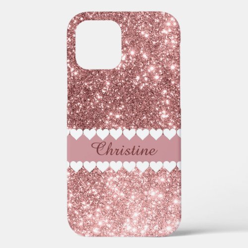 My Name White Hearts on Rose Gold iPhone 12 Case
