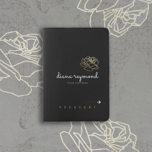 my name with a rose flower, elegant black passport holder