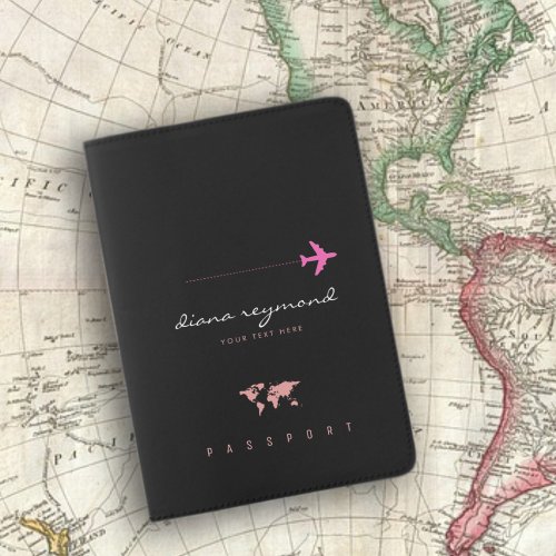 My Name with Pink Airplane  on Black Passport Holder