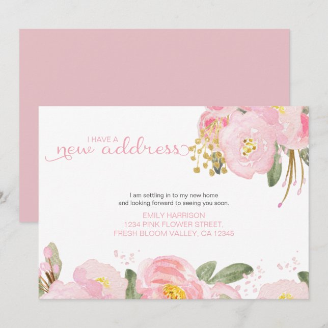 My New Address Floral Pink Gold Moving Announcement (Front/Back)