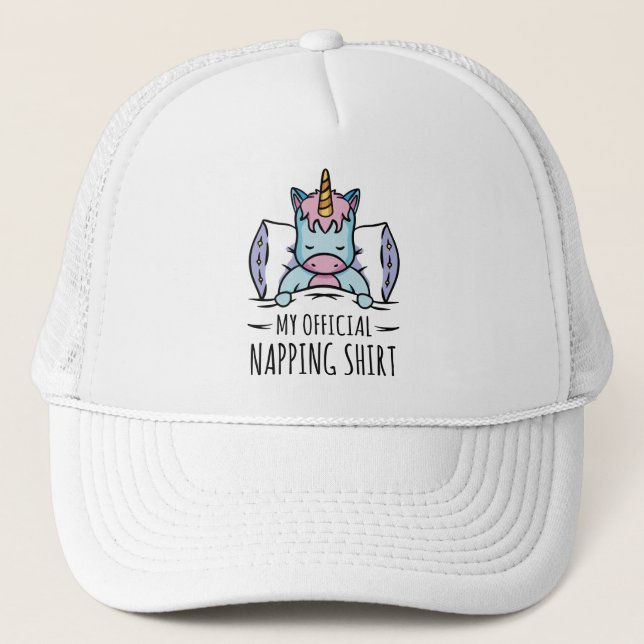 My official napping shirt with sleeping Unicorn Trucker Hat (Front)
