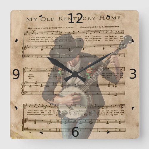 My Old Kentucky Home Sheet Music Banjo Player Square Wall Clock