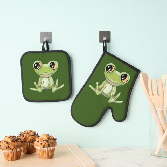 My Other Green Frog Friend Seltzer Can Cooler Oven Mitt & Pot Holder Set (Insitu(Hanging))