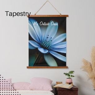 My Outside Oasis", Blue Flower on Black Background Hanging Tapestry