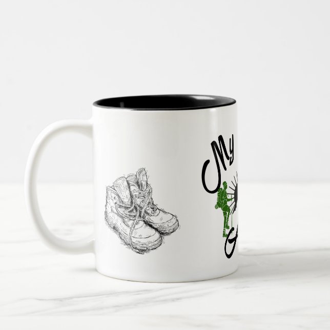 MY PASSION is Hiking, mountains, walking boots Two-Tone Coffee Mug (Left)