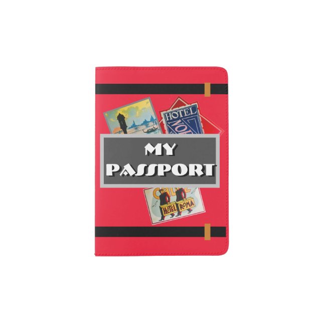 “MY PASSPORT” W/ STEAMER LABELS on RED LUGGAGE Passport Holder (Front)
