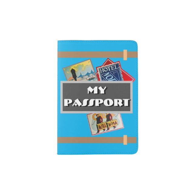 “MY PASSPORT” W/ STEAMER LABELS on TURQUOISE BLUE Passport Holder (Front)