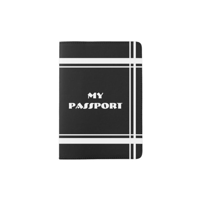 “MY PASSPORT” WHITE on BLACK w/  WHITE border trim Passport Holder (Front)