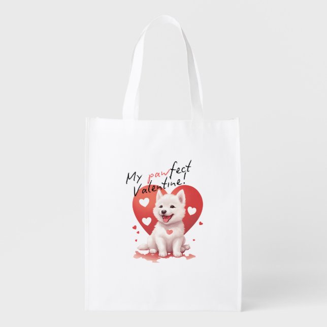 My Pawfect Valentine: Sweet white Jindo dog Grocery Bag (Front)