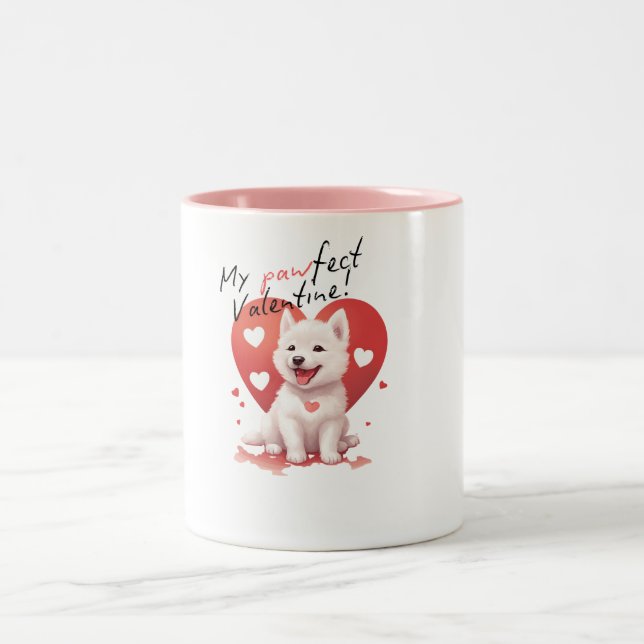 My Pawfect Valentine: Sweet white Jindo dog Two-Tone Coffee Mug (Center)