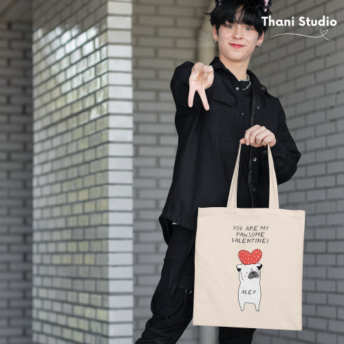 My Pawsome Valentine Cute Pug  Red Heart Black Tote Bag
