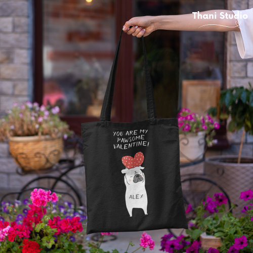 My Pawsome Valentine Cute Pug  Red Heart Black Tote Bag