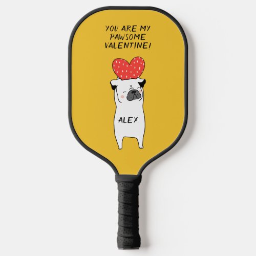 My Pawsome Valentine Cute Pug  Red Heart Yellow  Pickleball Paddle