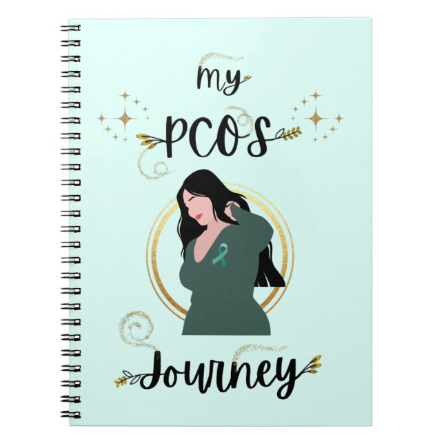 My PCOS Journey - Woman With Teal Ribbon Gold Notebook (Front)