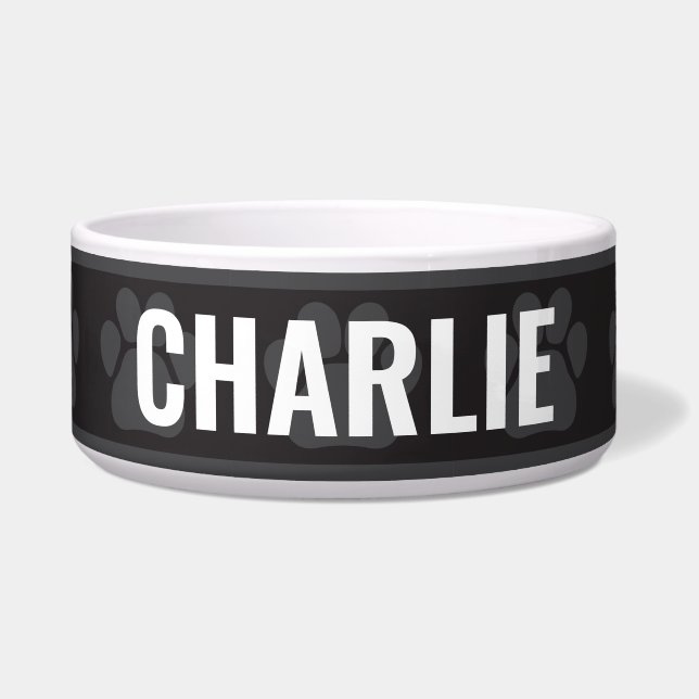 MY PET NAME Custom Modern Black Pawprint Pattern Bowl (Front)