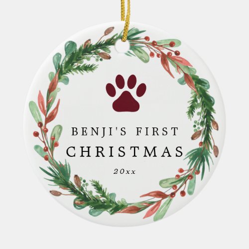 My Pets First Christmas Wreath Ceramic Ornament