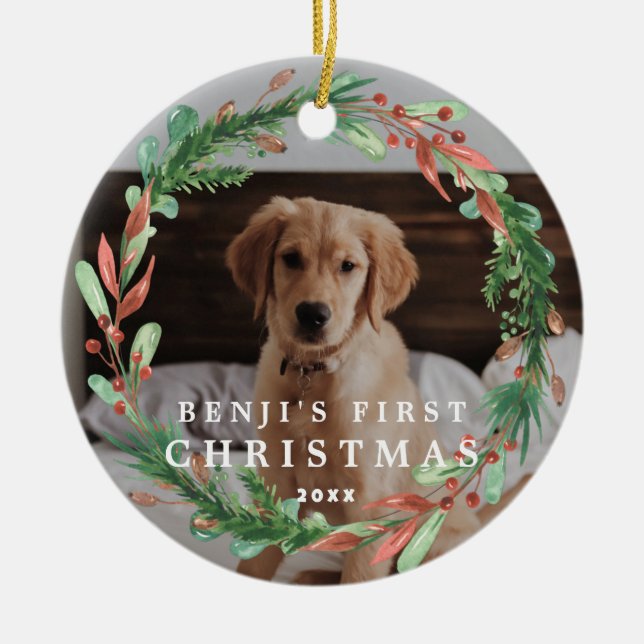 My Pet's First Christmas Wreath Photo Ceramic Ornament (Front)