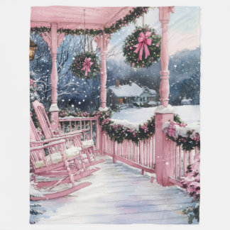 My Pink Country Christmas Porch in Winter | Fleece Blanket