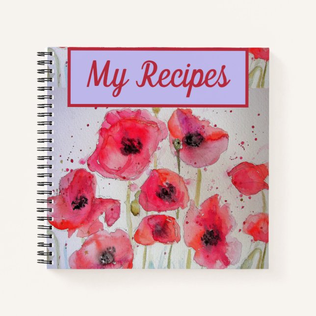 My Recipe Book Poppy Red Flower Watercolour Art (Front)