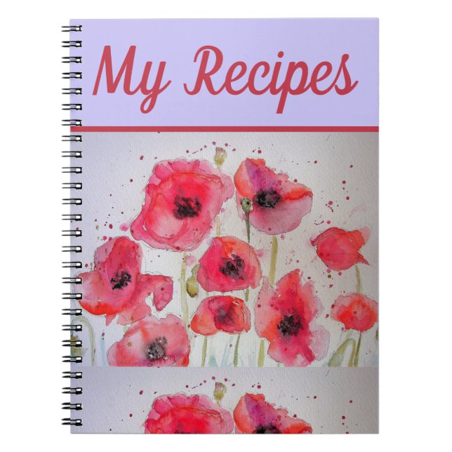 My Recipe Book Poppy Red Flower Watercolour Art (Front)
