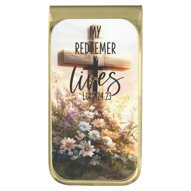 My Redeemer Lives – Luke 24:23 Gold Finish Money Clip (Front Vertical)