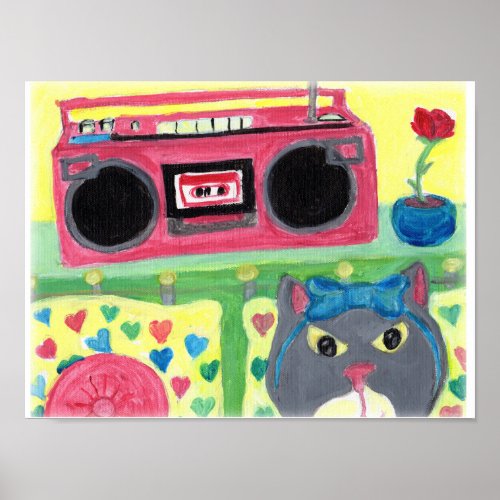 My Room Boombox Girl Cat Folk Art Cute Teen Poster