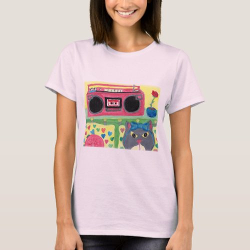 My Room Boombox Girl Cat Folk Art Cute Teen T_Shirt