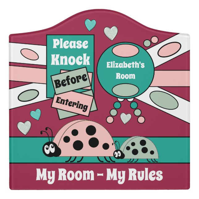 My room My rules ladybugs name kids pink Door Sign (Large Crest Front)
