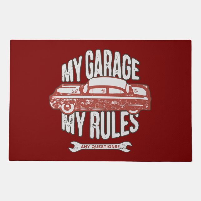 My Rules Classic Red Car Retro Mechanic Doormat (Front)
