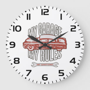 My Rules Classic Red Car Retro Mechanic Large Clock