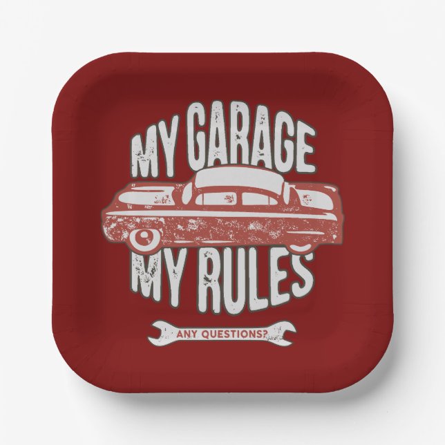 My Rules Classic Red Car Retro Mechanic Paper Plates (Front)