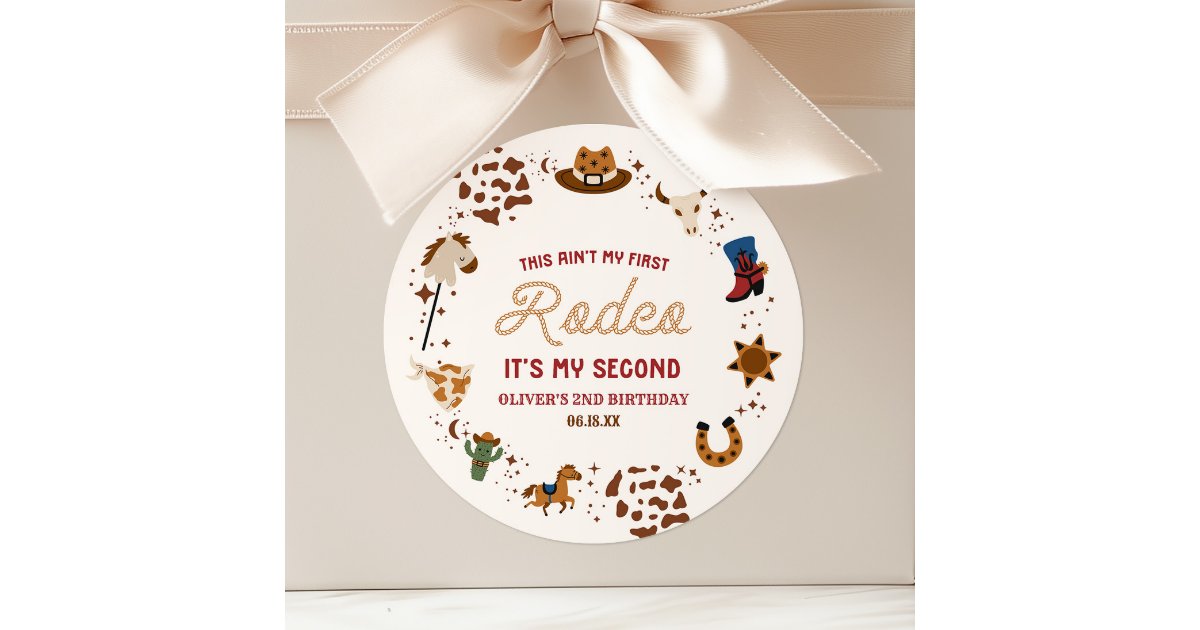 My Second Rodeo Labels My Second Rodeo Western Cowboy 2nd Birthday Party Classic Round Sticker ...