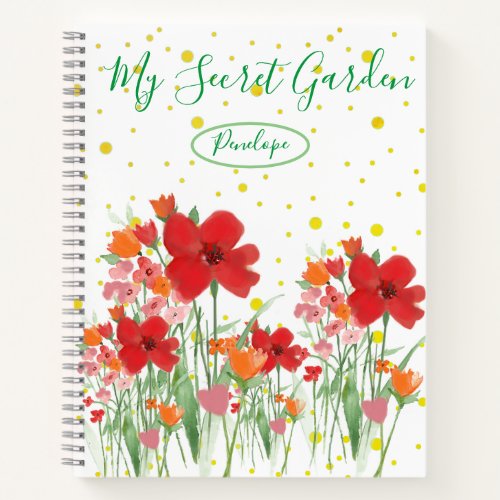 My Secret Garden Watercolor Red Wildflowers Text Notebook