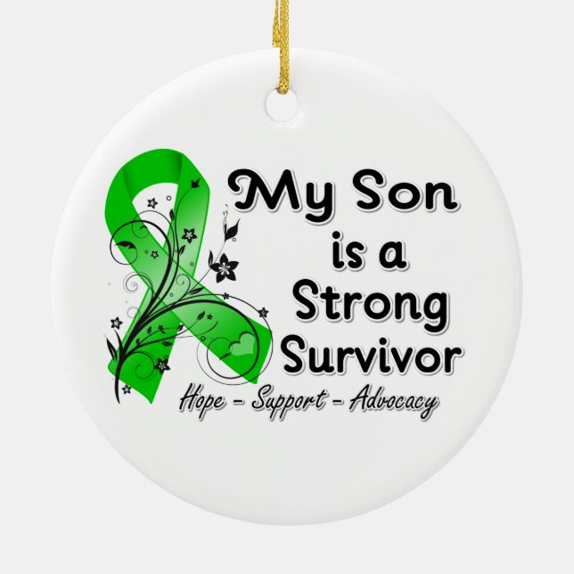 My Son is a Strong Survivor Green Ribbon Ceramic Ornament (Back)