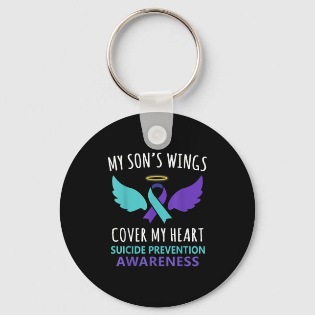 My Son's Wings Cover Heart Suicide Awareness Ribbo Keychain (Front)