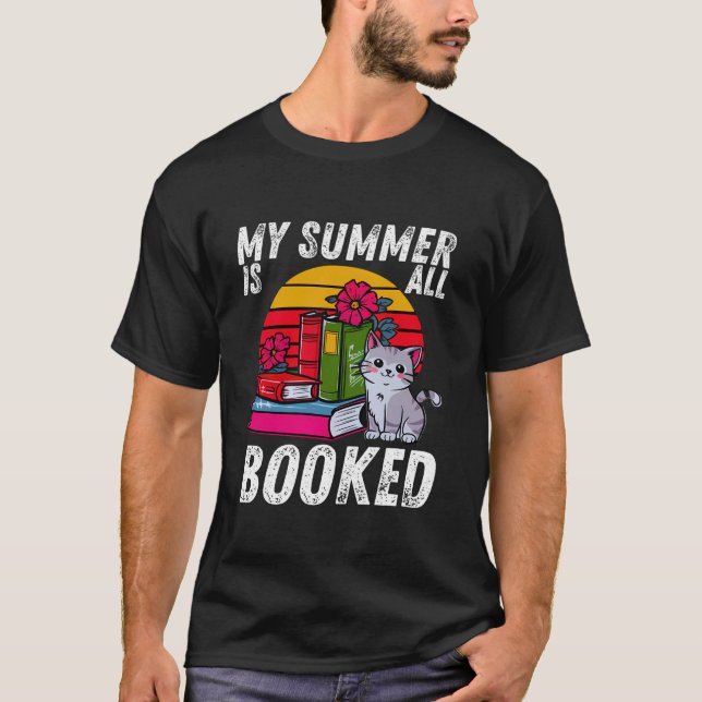 My Summer Is All Booked Reading Librarian Cat Love T-Shirt (Front)